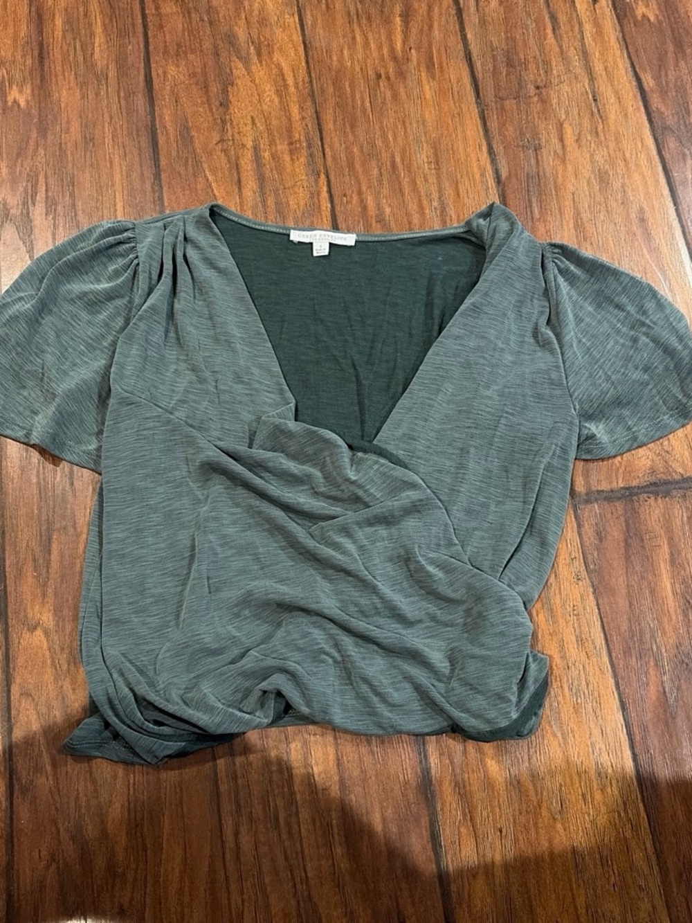 Green Envelope Slate Green Draped V-Neck Short Sleeve Top